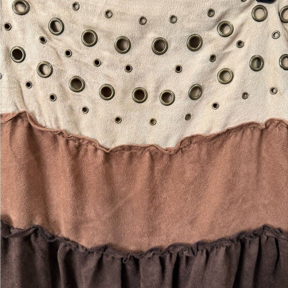 Lulumari Boho Tiered Midi Skirt L Brown Cream Grommet Y2K Western - Picture 4 of 9